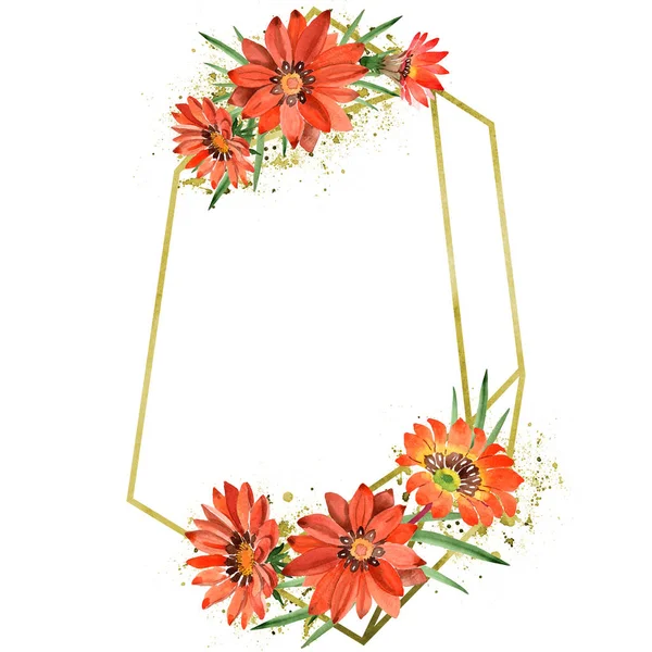 Sulu boya turuncu gazania çiçekler. Botanik çiçek. Çerçeve kenarlığı süsleme Meydanı. Arka plan, doku, sarıcı desen, çerçeve veya kenarlık için Aquarelle kır çiçeği.