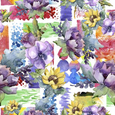 Suluboya buket çiçek. Botanik çiçek. Sorunsuz arka plan deseni.