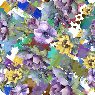 Suluboya buket çiçek. Botanik çiçek. Sorunsuz arka plan deseni.