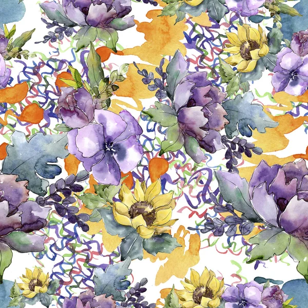 Watercolor bouquet flowers. Floral botanical flower. Seamless background pattern. — Stock Photo, Image