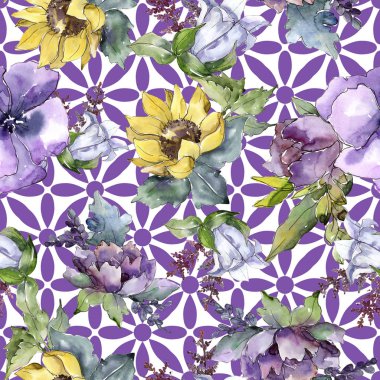 Suluboya buket çiçek. Botanik çiçek. Sorunsuz arka plan deseni. Bitki tam adı: ayçiçeği, şakayık, keten. Arka plan, doku, çerçeve veya kenarlık Aquarelle kır çiçeği.