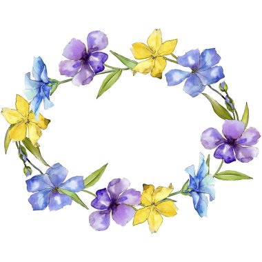 Sulu boya renkli keten çiçekler. Botanik çiçek. Çerçeve kenarlığı süsleme Meydanı. Arka plan, doku, sarıcı desen, çerçeve veya kenarlık için Aquarelle kır çiçeği.