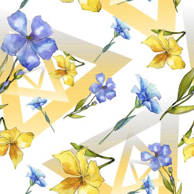 Suluboya mavi ve sarı keten çiçekler. Botanik çiçek. Sorunsuz arka plan deseni. Kumaş duvar kağıdı yazdırma doku. Arka plan, doku, çerçeve veya kenarlık Aquarelle kır çiçeği.