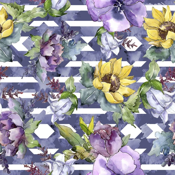 Suluboya buket çiçek. Botanik çiçek. Sorunsuz arka plan deseni. Bitki tam adı: ayçiçeği, şakayık, keten. Arka plan, doku, çerçeve veya kenarlık Aquarelle kır çiçeği.