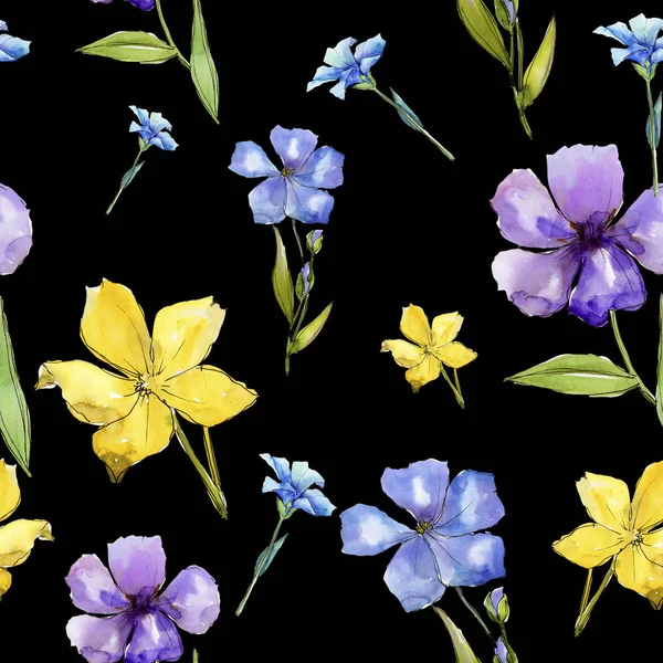 Watercolor blue and yellow flax flowers. Floral botanical flower. Seamless background pattern. Fabric wallpaper print texture. Aquarelle wildflower for background, texture, frame or border.