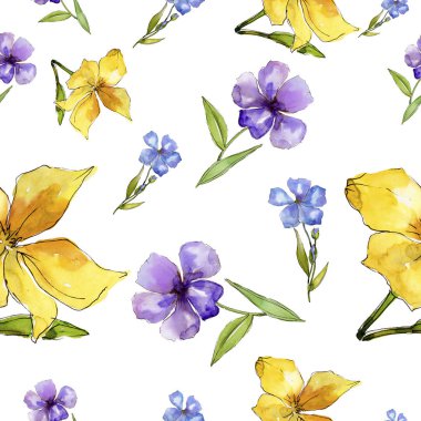 Suluboya mavi ve sarı keten çiçekler. Botanik çiçek. Sorunsuz arka plan deseni. Kumaş duvar kağıdı yazdırma doku. Arka plan, doku, çerçeve veya kenarlık Aquarelle kır çiçeği.