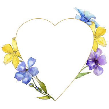 Sulu boya renkli keten çiçekler. Botanik çiçek. Çerçeve kenarlığı süsleme Meydanı. Arka plan, doku, sarıcı desen, çerçeve veya kenarlık için Aquarelle kır çiçeği.