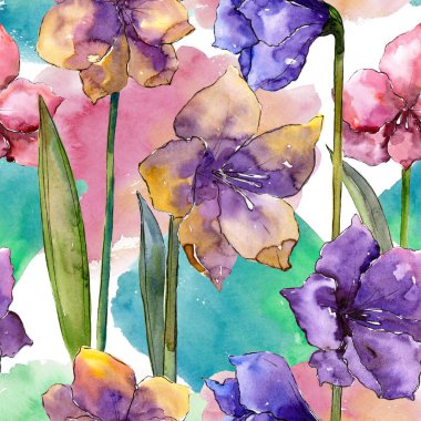 Sulu boya renkli amaryllis çiçekler. Sorunsuz arka plan deseni. Kumaş duvar kağıdı yazdırma doku. İzole illüstrasyon öğesi. Arka plan, doku, sarıcı desen Aquarelle kır çiçeği.