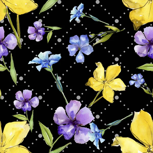 Akvarel Modré Žluté Květiny Lnu Květinové Botanické Květin Vzor Bezešvé — Stock fotografie