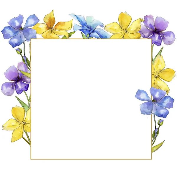 Aquarel Van Kleurrijke Vlas Bloemen Floral Botanische Bloem Frame Grens — Stockfoto