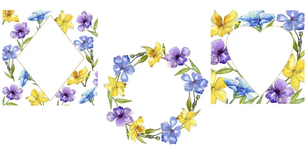 Akvarel Barevné Květy Lnu Květinové Botanické Květin Frame Hranice Ozdoba — Stock fotografie