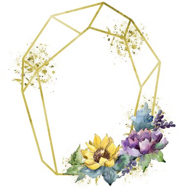 Suluboya buket çiçek. Botanik çiçek. İzole illüstrasyon öğesi. Bitki tam adı: ayçiçeği, şakayık, keten. Arka plan, doku, çerçeve veya kenarlık Aquarelle kır çiçeği.