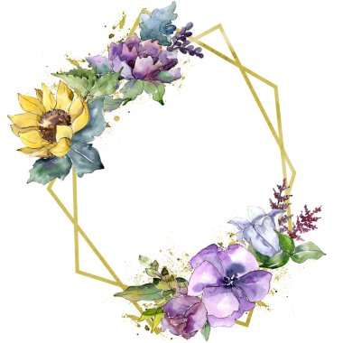 Suluboya buket çiçek. Botanik çiçek. İzole illüstrasyon öğesi. Bitki tam adı: ayçiçeği, şakayık, keten. Arka plan, doku, çerçeve veya kenarlık Aquarelle kır çiçeği.