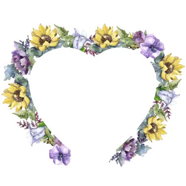 Suluboya buket çiçek. Botanik çiçek. Çerçeve kenarlığı süsleme Meydanı. Bitki tam adı: ayçiçeği, şakayık, keten. Arka plan, doku, çerçeve veya kenarlık Aquarelle kır çiçeği.