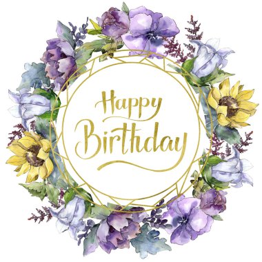 Suluboya buket çiçek. Botanik çiçek. Çerçeve kenarlığı süsleme Meydanı. Bitki tam adı: ayçiçeği, şakayık, keten. Arka plan, doku, çerçeve veya kenarlık Aquarelle kır çiçeği.