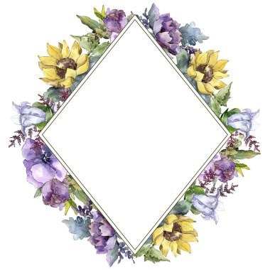 Suluboya buket çiçek. Botanik çiçek. Çerçeve kenarlığı süsleme Meydanı. Bitki tam adı: ayçiçeği, şakayık, keten. Arka plan, doku, çerçeve veya kenarlık Aquarelle kır çiçeği.