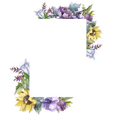 Suluboya buket çiçek. Botanik çiçek. Çerçeve kenarlığı süsleme Meydanı. Bitki tam adı: ayçiçeği, şakayık, keten. Arka plan, doku, çerçeve veya kenarlık Aquarelle kır çiçeği.