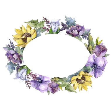 Suluboya buket çiçek. Botanik çiçek. Çerçeve kenarlığı süsleme Meydanı. Bitki tam adı: ayçiçeği, şakayık, keten. Arka plan, doku, çerçeve veya kenarlık Aquarelle kır çiçeği.