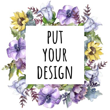 Suluboya buket çiçek. Botanik çiçek. Çerçeve kenarlığı süsleme Meydanı. Bitki tam adı: ayçiçeği, şakayık, keten. Arka plan, doku, çerçeve veya kenarlık Aquarelle kır çiçeği.