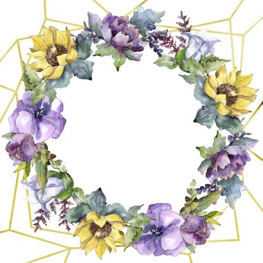 Suluboya buket çiçek. Botanik çiçek. Çerçeve kenarlığı süsleme Meydanı. Bitki tam adı: ayçiçeği, şakayık, keten. Arka plan, doku, çerçeve veya kenarlık Aquarelle kır çiçeği.