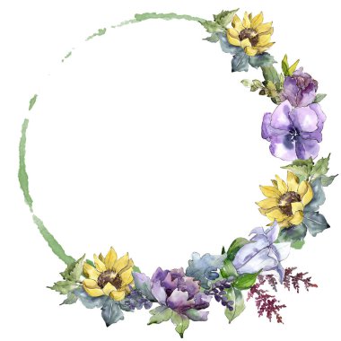 Suluboya buket çiçek. Botanik çiçek. Çerçeve kenarlığı süsleme Meydanı. Bitki tam adı: ayçiçeği, şakayık, keten. Arka plan, doku, çerçeve veya kenarlık Aquarelle kır çiçeği.