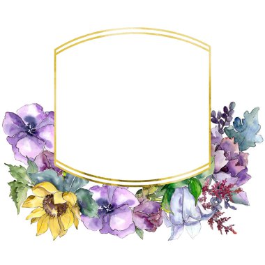 Suluboya buket çiçek. Botanik çiçek. Çerçeve kenarlığı süsleme Meydanı. Bitki tam adı: ayçiçeği, şakayık, keten. Arka plan, doku, çerçeve veya kenarlık Aquarelle kır çiçeği.