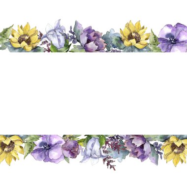 Suluboya buket çiçek. Botanik çiçek. Çerçeve kenarlığı süsleme Meydanı. Bitki tam adı: ayçiçeği, şakayık, keten. Arka plan, doku, çerçeve veya kenarlık Aquarelle kır çiçeği.
