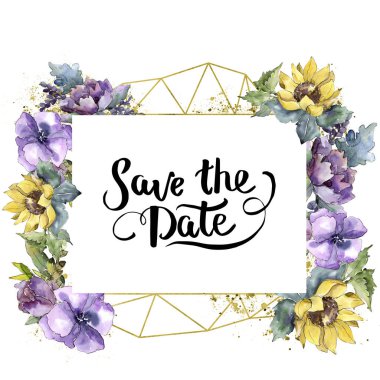 Suluboya buket çiçek. Botanik çiçek. Çerçeve kenarlığı süsleme Meydanı. Bitki tam adı: ayçiçeği, şakayık, keten. Arka plan, doku, çerçeve veya kenarlık Aquarelle kır çiçeği.