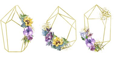 Suluboya buket çiçek. Botanik çiçek. İzole illüstrasyon öğesi. Bitki tam adı: ayçiçeği, şakayık, keten. Arka plan, doku, çerçeve veya kenarlık Aquarelle kır çiçeği.