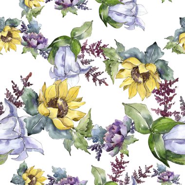 Suluboya buket çiçek. Botanik çiçek. Sorunsuz arka plan deseni. Bitki tam adı: ayçiçeği, şakayık, keten. Arka plan, doku, çerçeve veya kenarlık Aquarelle kır çiçeği.