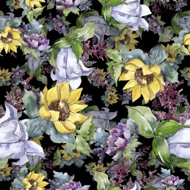 Suluboya buket çiçek. Botanik çiçek. Sorunsuz arka plan deseni. Bitki tam adı: ayçiçeği, şakayık, keten. Arka plan, doku, çerçeve veya kenarlık Aquarelle kır çiçeği.