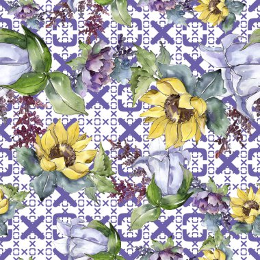 Suluboya buket çiçek. Botanik çiçek. Sorunsuz arka plan deseni. Bitki tam adı: ayçiçeği, şakayık, keten. Arka plan, doku, çerçeve veya kenarlık Aquarelle kır çiçeği.