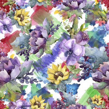 Suluboya buket çiçek. Botanik çiçek. Sorunsuz arka plan deseni. Bitki tam adı: ayçiçeği, şakayık, keten. Arka plan, doku, çerçeve veya kenarlık Aquarelle kır çiçeği.