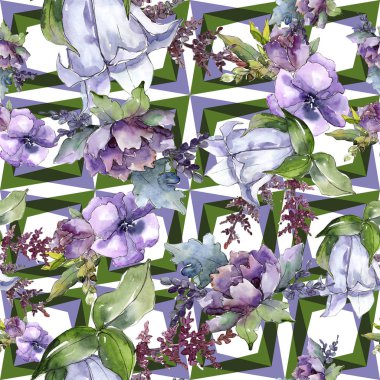 Suluboya buket çiçek. Botanik çiçek. Sorunsuz arka plan deseni. Bitki tam adı: ayçiçeği, şakayık, keten. Arka plan, doku, çerçeve veya kenarlık Aquarelle kır çiçeği.