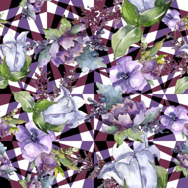 Suluboya buket çiçek. Botanik çiçek. Sorunsuz arka plan deseni. Bitki tam adı: ayçiçeği, şakayık, keten. Arka plan, doku, çerçeve veya kenarlık Aquarelle kır çiçeği.