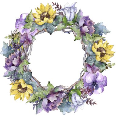 Suluboya buket çiçek. Botanik çiçek. Çerçeve kenarlığı süsleme Meydanı. Bitki tam adı: ayçiçeği, şakayık, keten. Arka plan, doku, çerçeve veya kenarlık Aquarelle kır çiçeği.