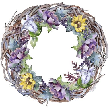 Suluboya buket çiçek. Botanik çiçek. Çerçeve kenarlığı süsleme Meydanı. Bitki tam adı: ayçiçeği, şakayık, keten. Arka plan, doku, çerçeve veya kenarlık Aquarelle kır çiçeği.