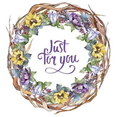 Suluboya buket çiçek. Botanik çiçek. Çerçeve kenarlığı süsleme Meydanı. Bitki tam adı: ayçiçeği, şakayık, keten. Arka plan, doku, çerçeve veya kenarlık Aquarelle kır çiçeği.