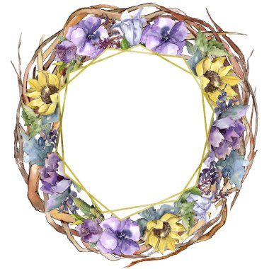 Suluboya buket çiçek. Botanik çiçek. Çerçeve kenarlığı süsleme Meydanı. Bitki tam adı: ayçiçeği, şakayık, keten. Arka plan, doku, çerçeve veya kenarlık Aquarelle kır çiçeği.