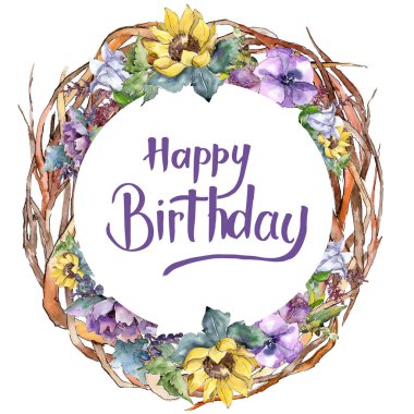 Suluboya buket çiçek. Botanik çiçek. Çerçeve kenarlığı süsleme Meydanı. Bitki tam adı: ayçiçeği, şakayık, keten. Arka plan, doku, çerçeve veya kenarlık Aquarelle kır çiçeği.