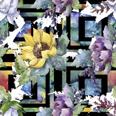 Suluboya buket çiçek. Botanik çiçek. Sorunsuz arka plan deseni. Bitki tam adı: ayçiçeği, şakayık, keten. Arka plan, doku, çerçeve veya kenarlık Aquarelle kır çiçeği.