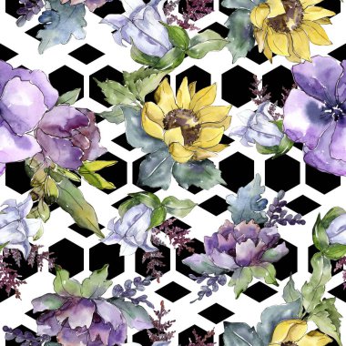 Suluboya buket çiçek. Botanik çiçek. Sorunsuz arka plan deseni. Bitki tam adı: ayçiçeği, şakayık, keten. Arka plan, doku, çerçeve veya kenarlık Aquarelle kır çiçeği.