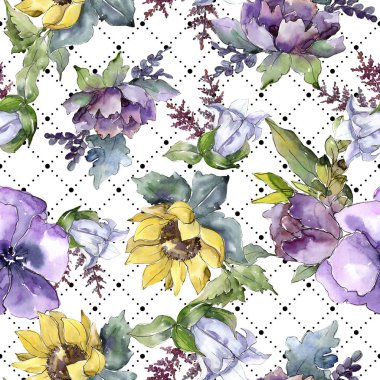 Suluboya buket çiçek. Botanik çiçek. Sorunsuz arka plan deseni. Bitki tam adı: ayçiçeği, şakayık, keten. Arka plan, doku, çerçeve veya kenarlık Aquarelle kır çiçeği.