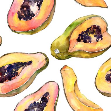 Egzotik tropik sağlıklı gıda suluboya tarzında. Sorunsuz arka plan deseni. Meyve tam adı: papaya. Aquarelle wilfruit arka plan, doku, sarıcı desen veya menü.