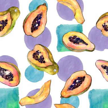 Egzotik tropik sağlıklı gıda suluboya tarzında. Sorunsuz arka plan deseni. Meyve tam adı: papaya. Aquarelle wilfruit arka plan, doku, sarıcı desen veya menü.