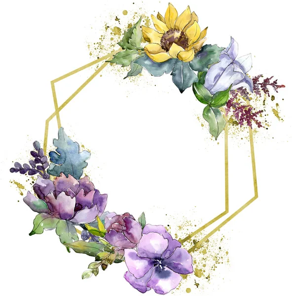 水彩の花束の花 花植物の花 孤立した図の要素 植物の完全な名前 ひまわり シャクヤク テクスチャ フレームや境界線の Aquarelle ワイルドフラワー — ストック写真