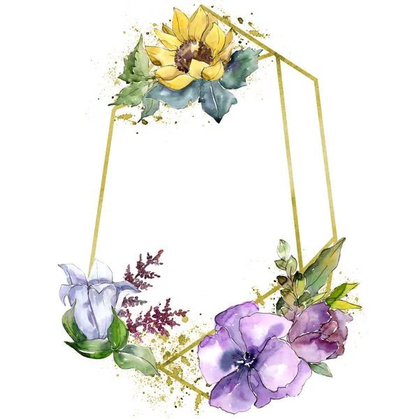 水彩花束花 花卉植物花 独立的插图元素 植物全名 向日葵 水彩画野花为背景 框架或边界 — 图库照片