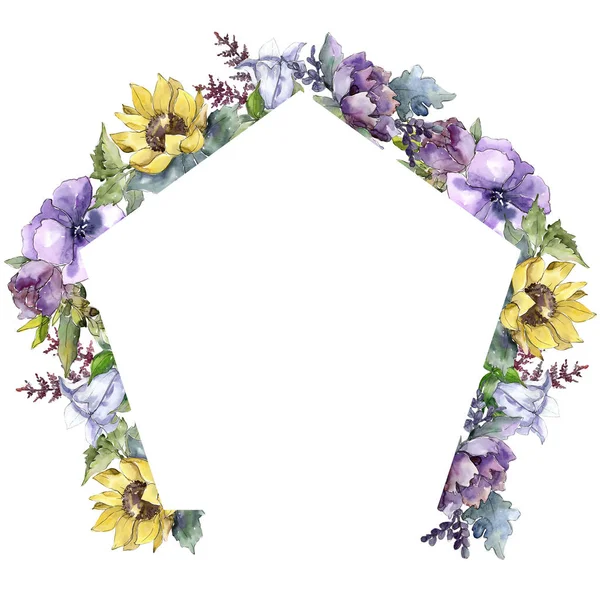 Fiori Bouquet Acquerello Fiore Botanico Floreale Quadrato Ornamento Bordo Cornice — Foto Stock