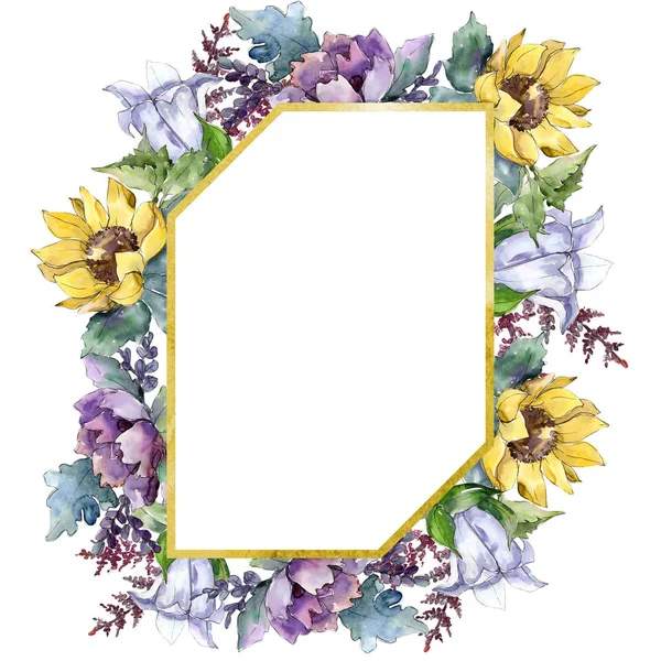 Flores Buquê Aquarela Floral Flor Botânica Quadro Borda Ornamento Quadrado — Fotografia de Stock