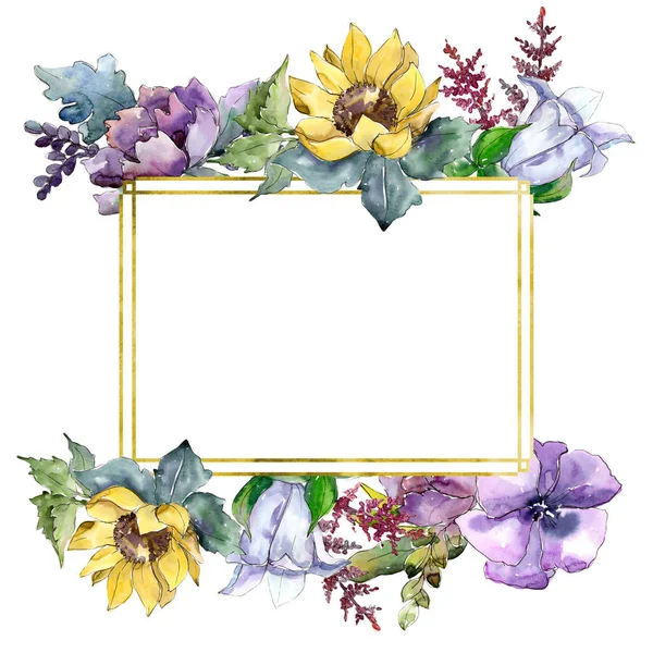 水彩花束花 花卉植物花 框边框装饰广场 植物全名 向日葵 水彩画野花为背景 框架或边界 — 图库照片